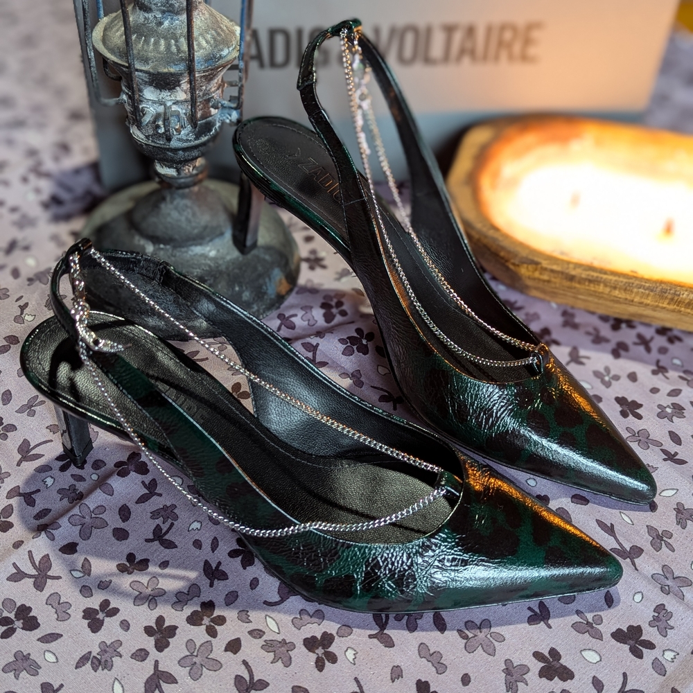 Zadig & Voltaire Women's Black & Green Slingback Heels SZ 38 NIB